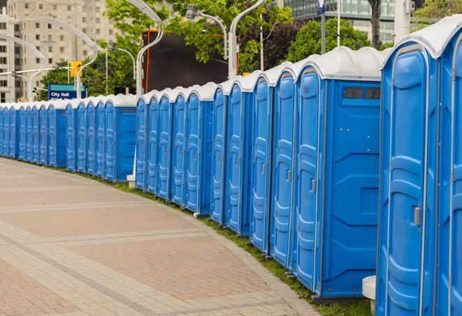 a row of portable restrooms at a trade show, catering to visitors with a professional and comfortable experience in Arvada, CO